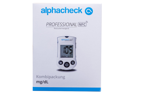 alphacheck professional Blutzuckermessgerät NFC BZMG mg/dl